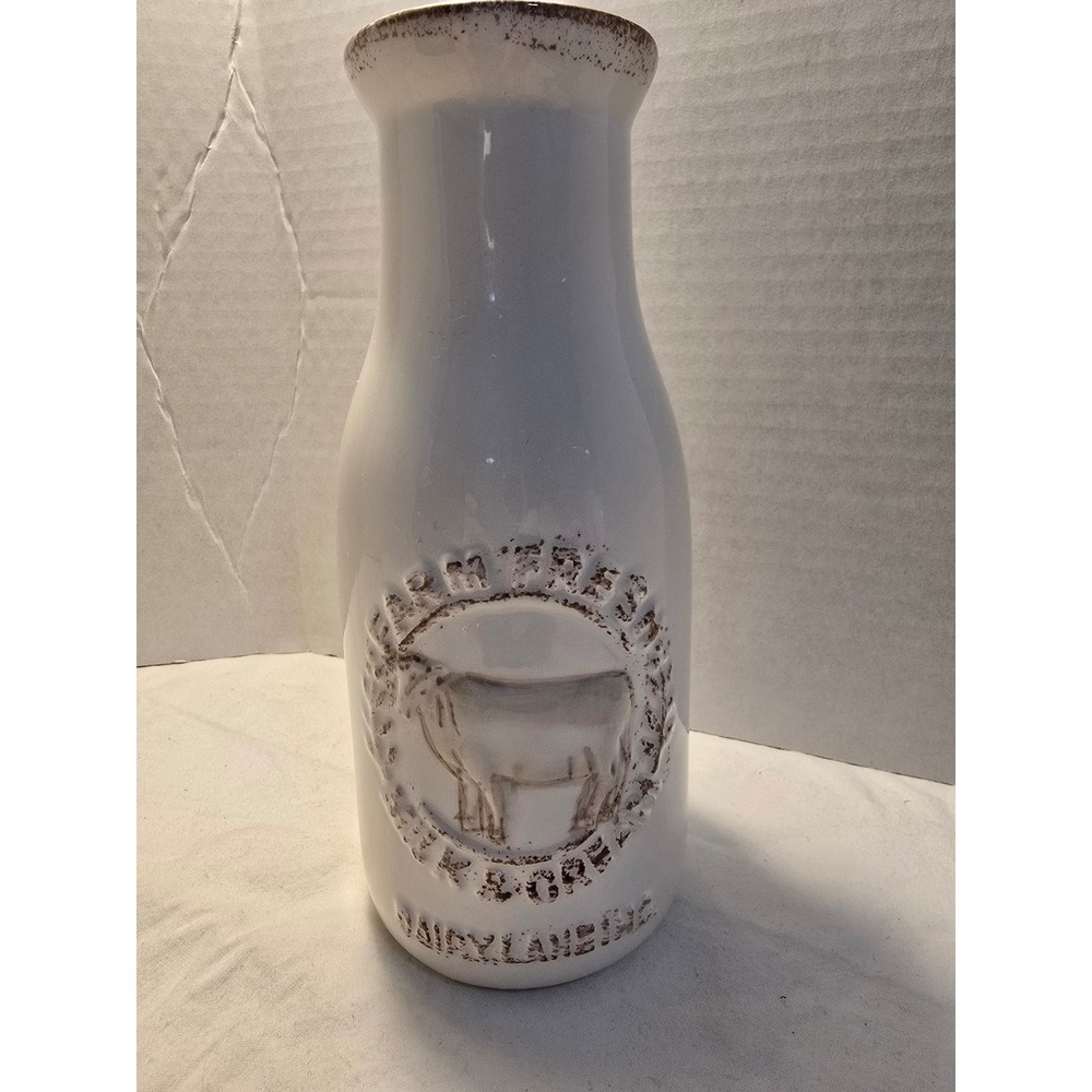 Farm Fresh‎ Milk & Cream Ceramic Cow Milk Bottle Vase White Distressed 8.5"